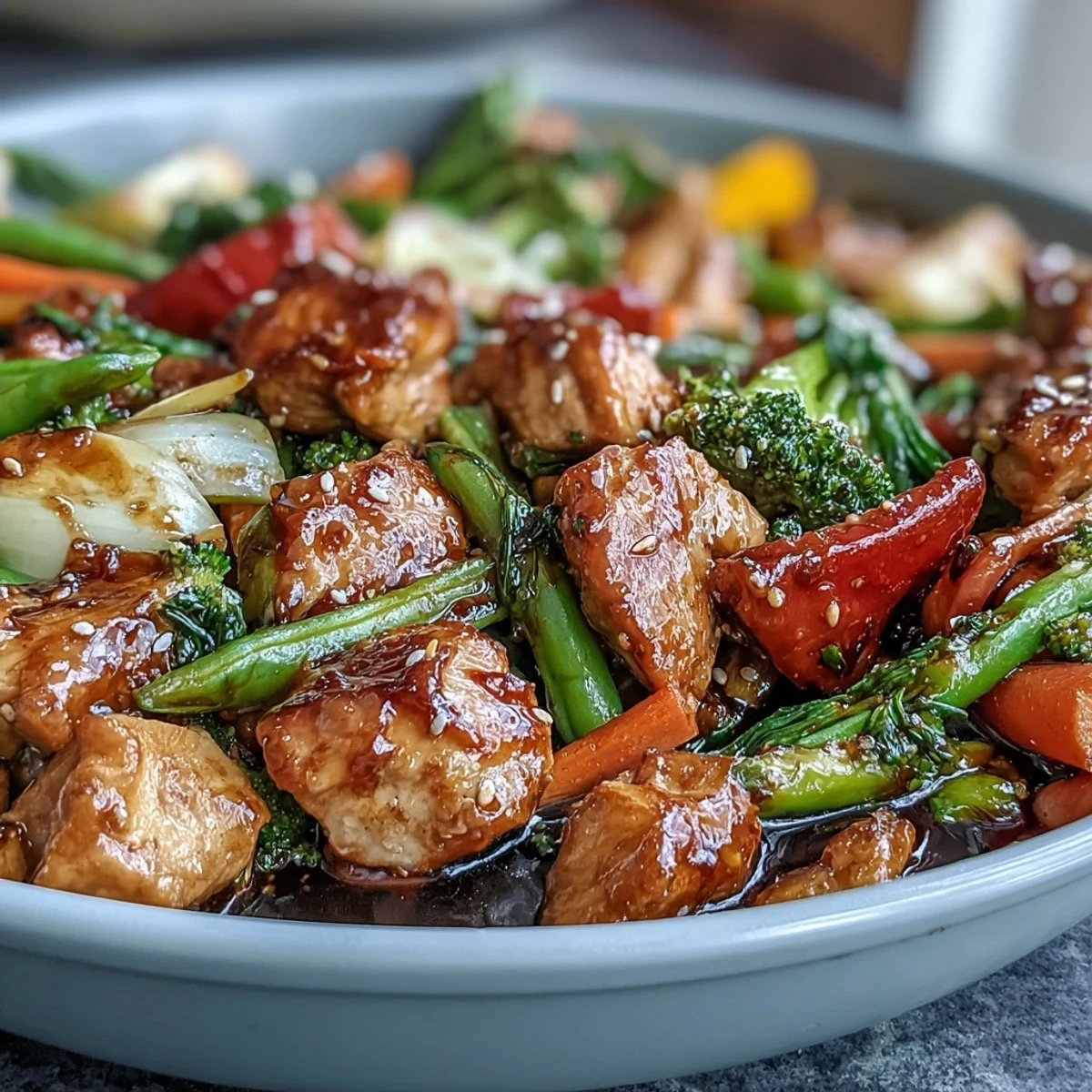 High-protein chicken and veggie stir-fry with tender chicken breast, colorful bell peppers, and crisp snap peas in a savory ginger-garlic sauce.