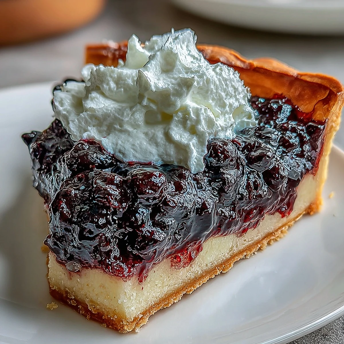 A golden tart shell filled with glossy black currant curd and topped with swirls of whipped cream, perfect for dessert lovers.