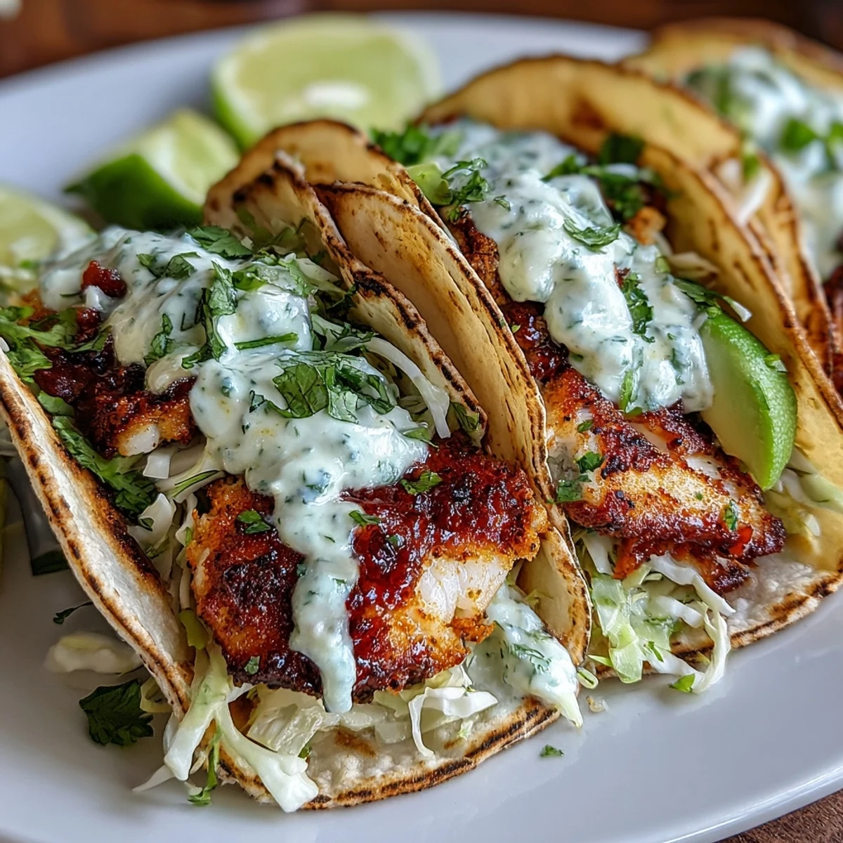 Crispy chili-lime fish tucked into soft corn tortillas with fresh cilantro crema, vibrant red cabbage, and zesty lime wedges.