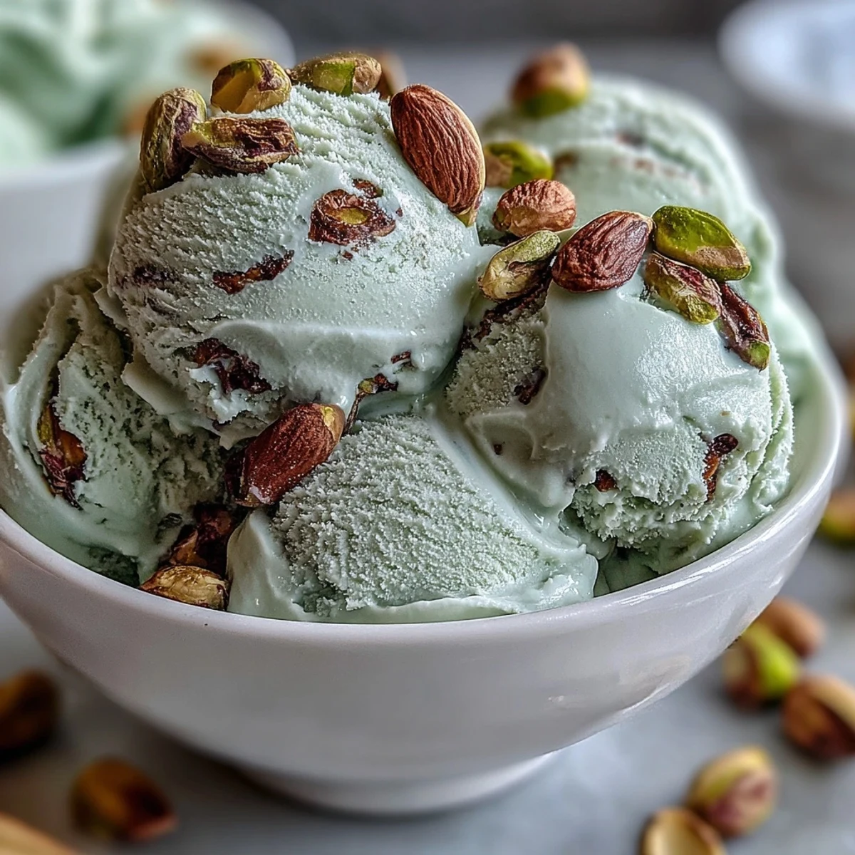 Creamy pistachio gelato with roasted nuts and a smooth, silky texture in a classic Italian dessert bowl.