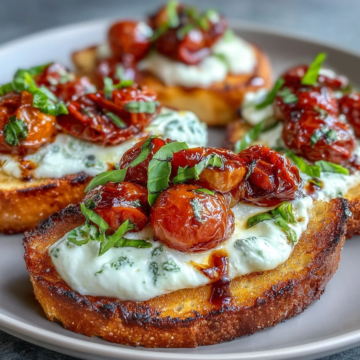 Crispy crostini topped with creamy burrata and juicy roasted cherry tomatoes, garnished with fresh basil and olive oil. A simple, elegant appetizer bursting with Italian flavor.