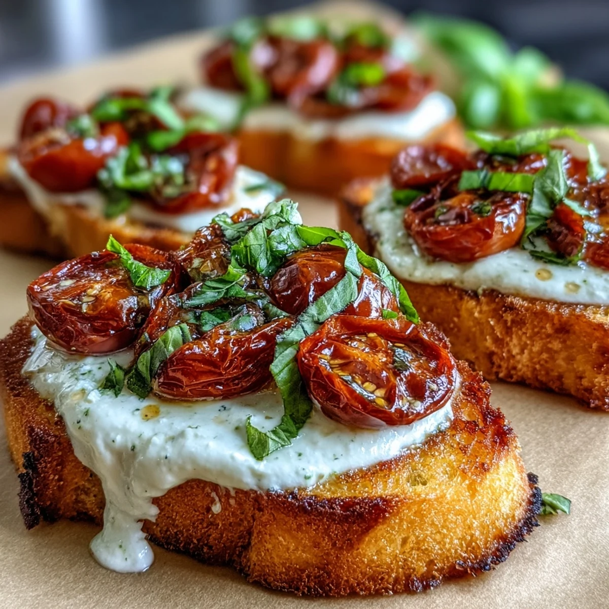Golden toasted baguette slices layered with luscious burrata cheese and sweet roasted cherry tomatoes, finished with aromatic basil for a fresh, vibrant bite.