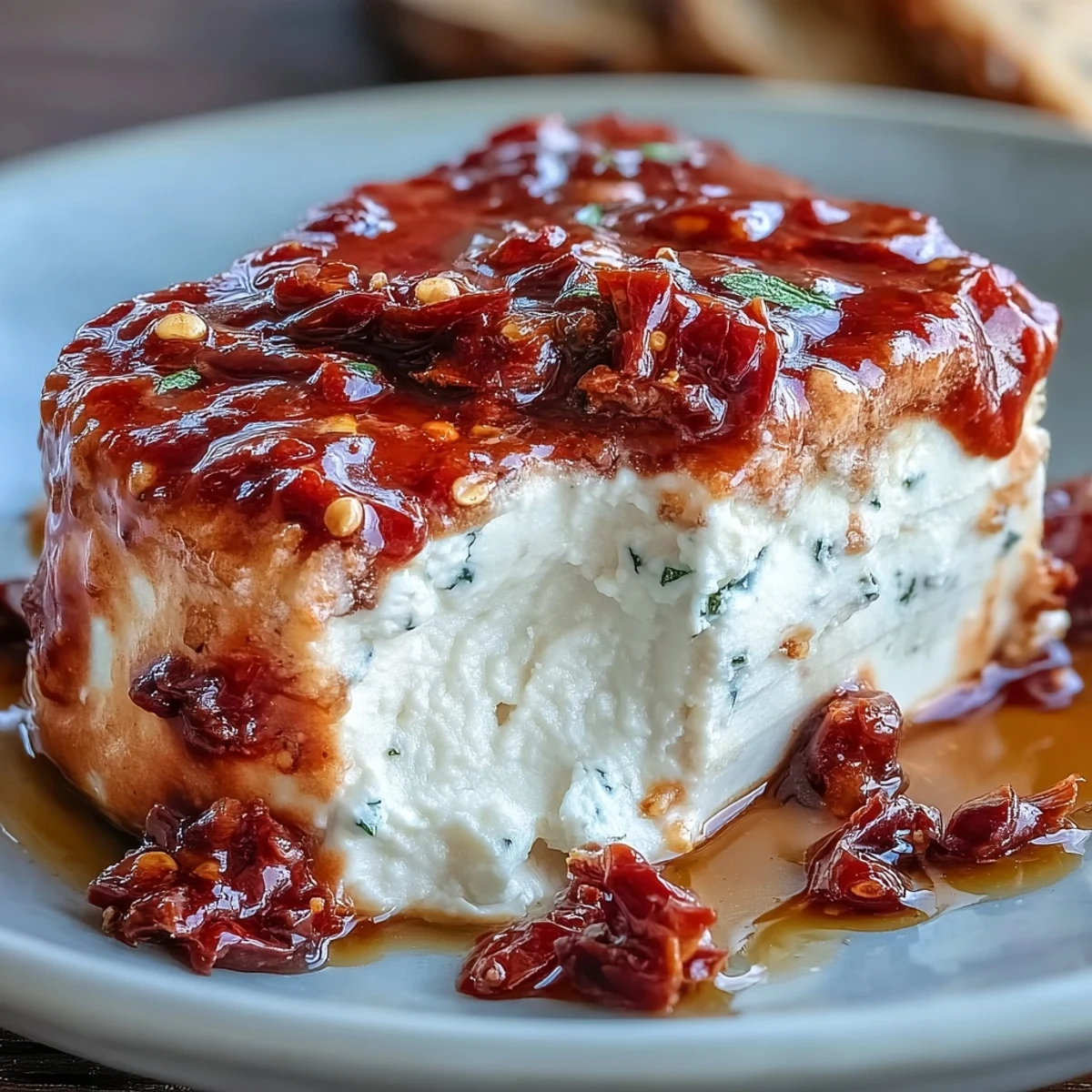 Vibrant red and orange Calabrian chilies swirled into smooth cream cheese, served with crusty bread.  