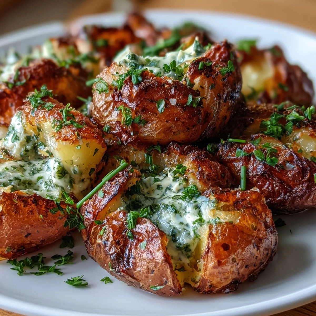 Crispy smashed potatoes with roasted garlic and fresh herbs, golden and aromatic.  