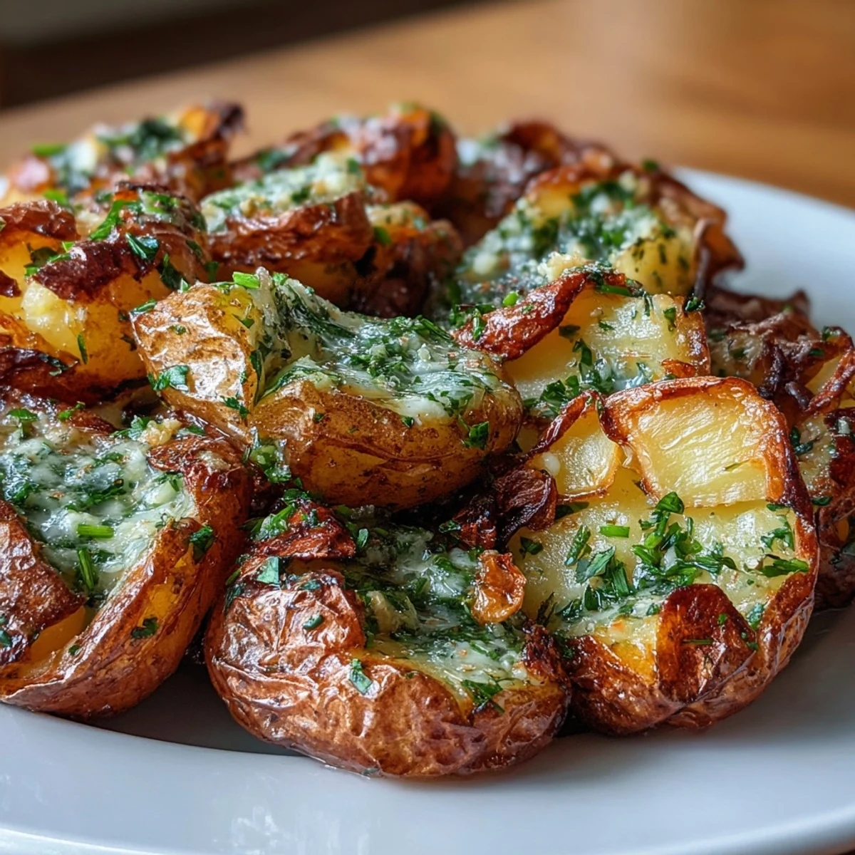 Golden baked smashed potatoes drizzled with herb-infused oil, crispy edges and tender center.