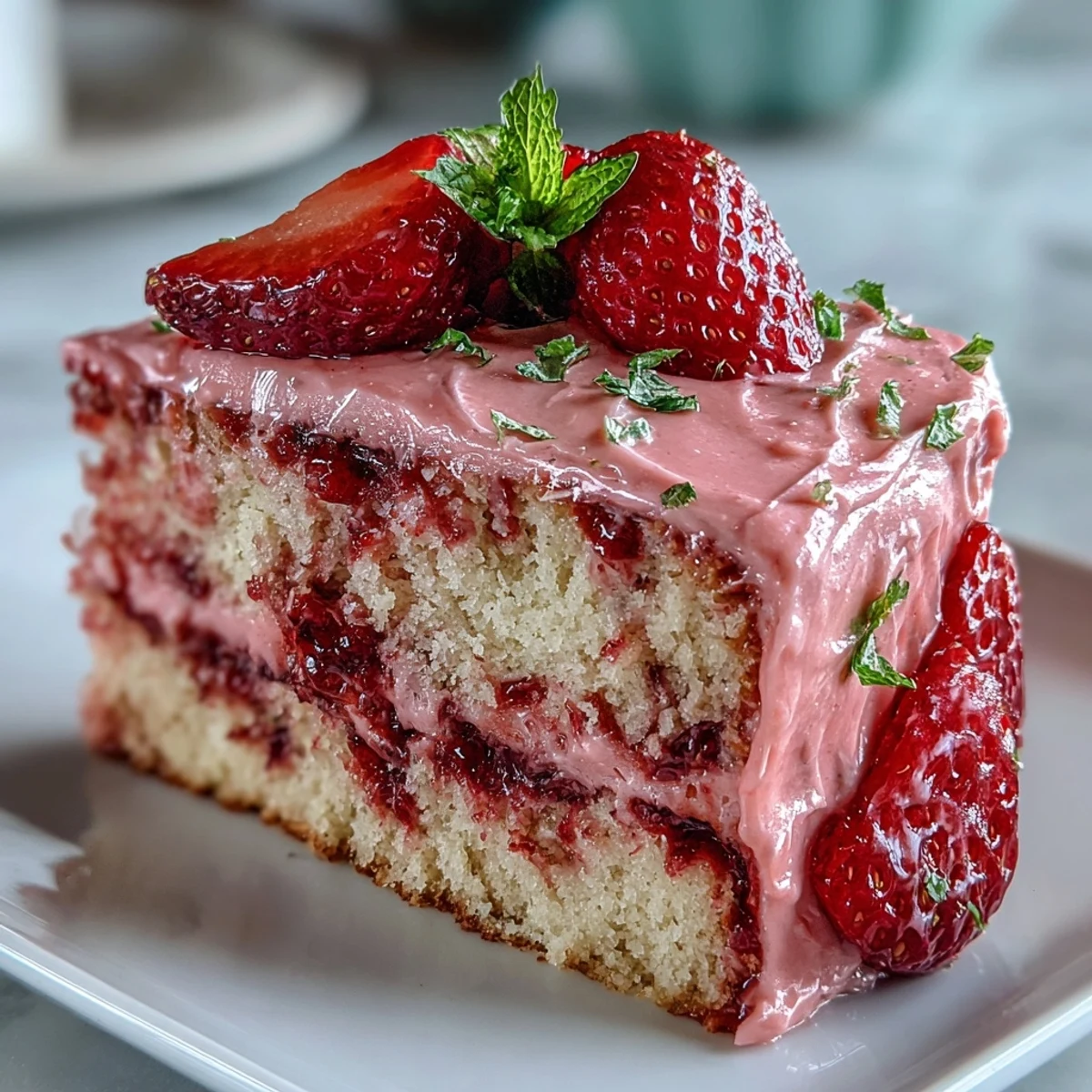 Vibrant pink strawberry lemonade layer cake topped with swirls of strawberry frosting and fresh berries, ideal for festive gatherings and friendship brunches.