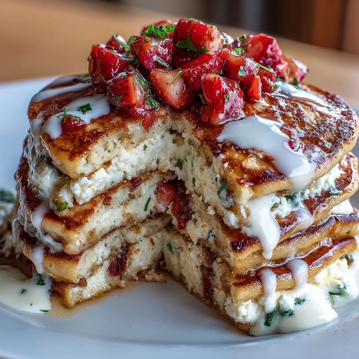 Golden-brown protein pancakes with cottage cheese and strawberries, perfect for post-workout fuel.  