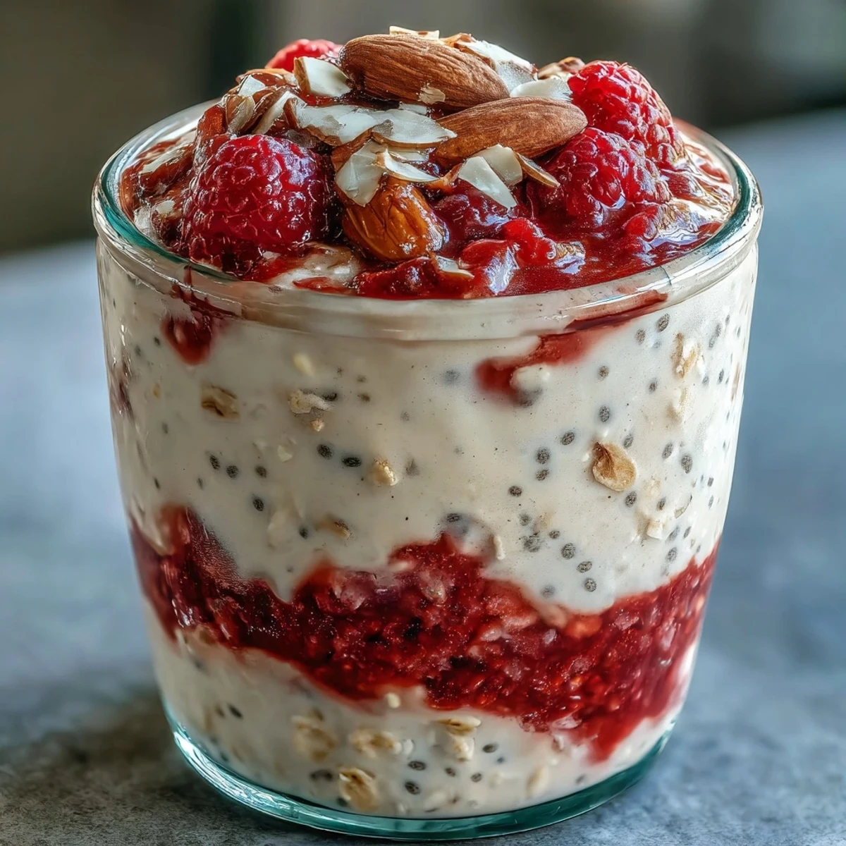Vibrant raspberry chia seed overnight oats in a jar, topped with crunchy almonds.