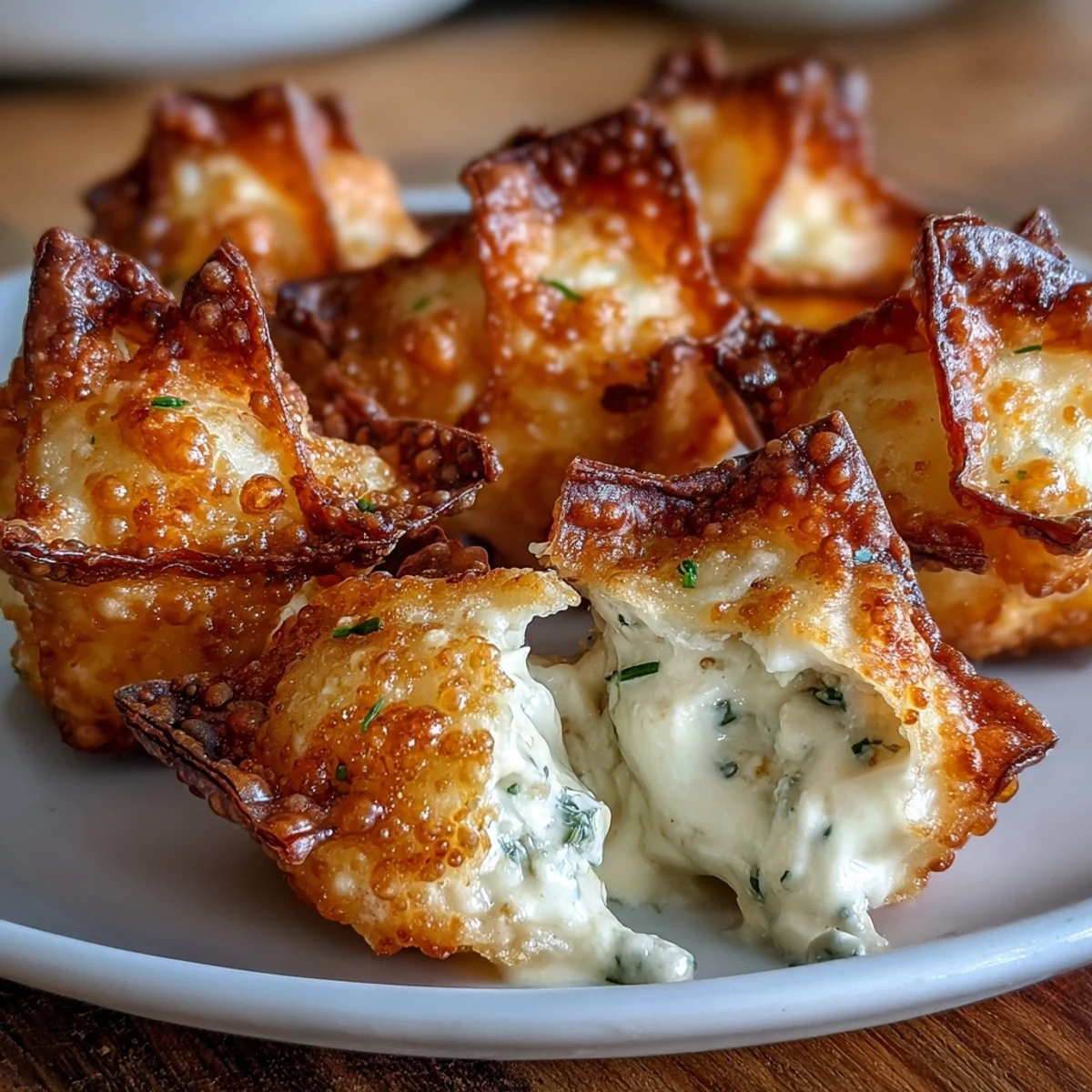 Golden wonton triangles bursting with savory crab and cream cheese, air-fried until delightfully crisp.  