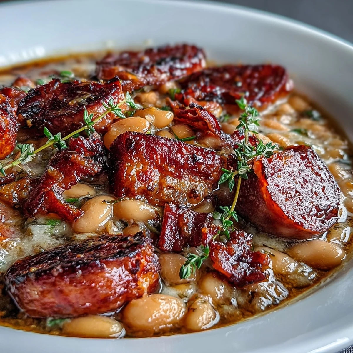A rustic French casserole with tender white beans, smoky ham, and sausage, baked until rich and comforting.  