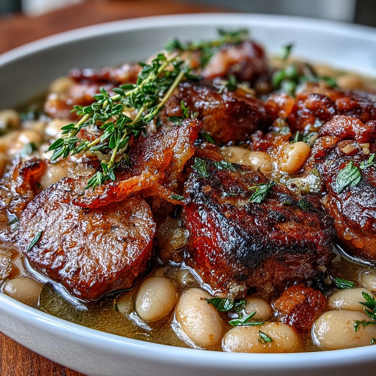 Hearty slow-cooked cassoulet with savory ham, white beans, and herbs, served bubbling hot from the oven.  