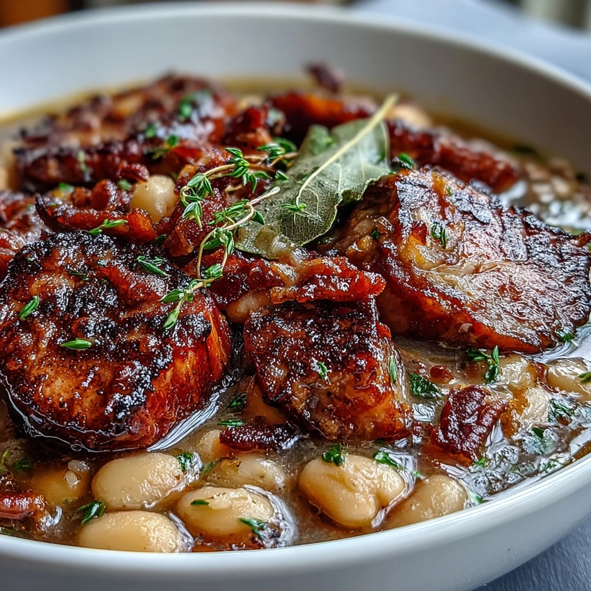 Golden-baked ham and white bean casserole, layered with sausage and aromatic vegetables, perfect for cozy dinners.