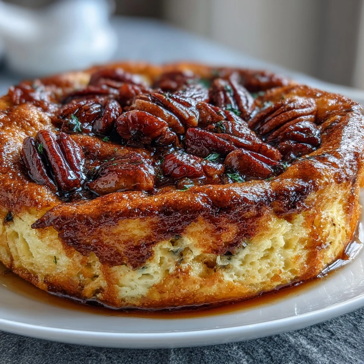 Elegant sweet potato soufflé with warm spices and candied pecans, a holiday table centerpiece.  