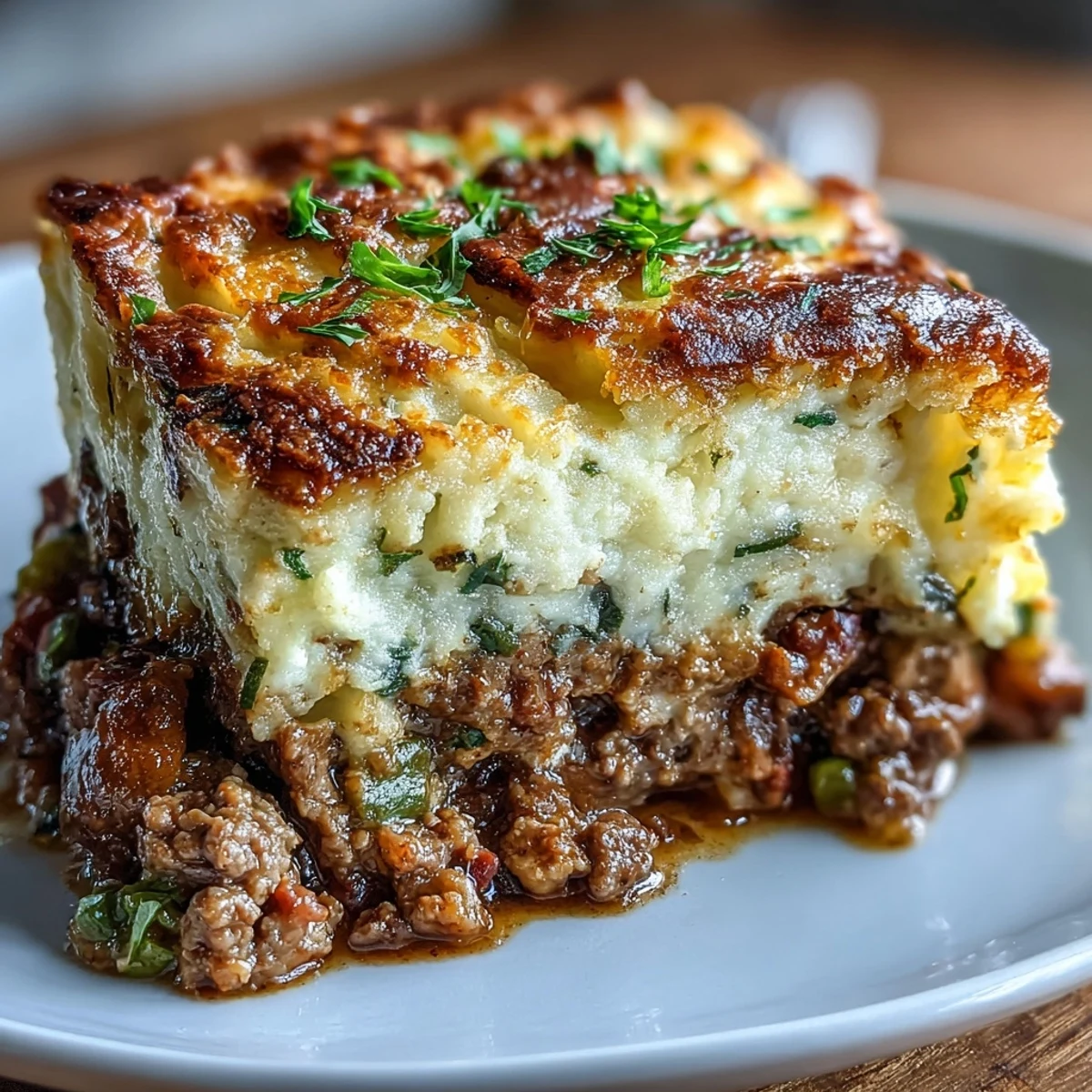 Creamy cauliflower mash crowns a hearty shepherds pie, blending tender vegetables and seasoned ground meat.