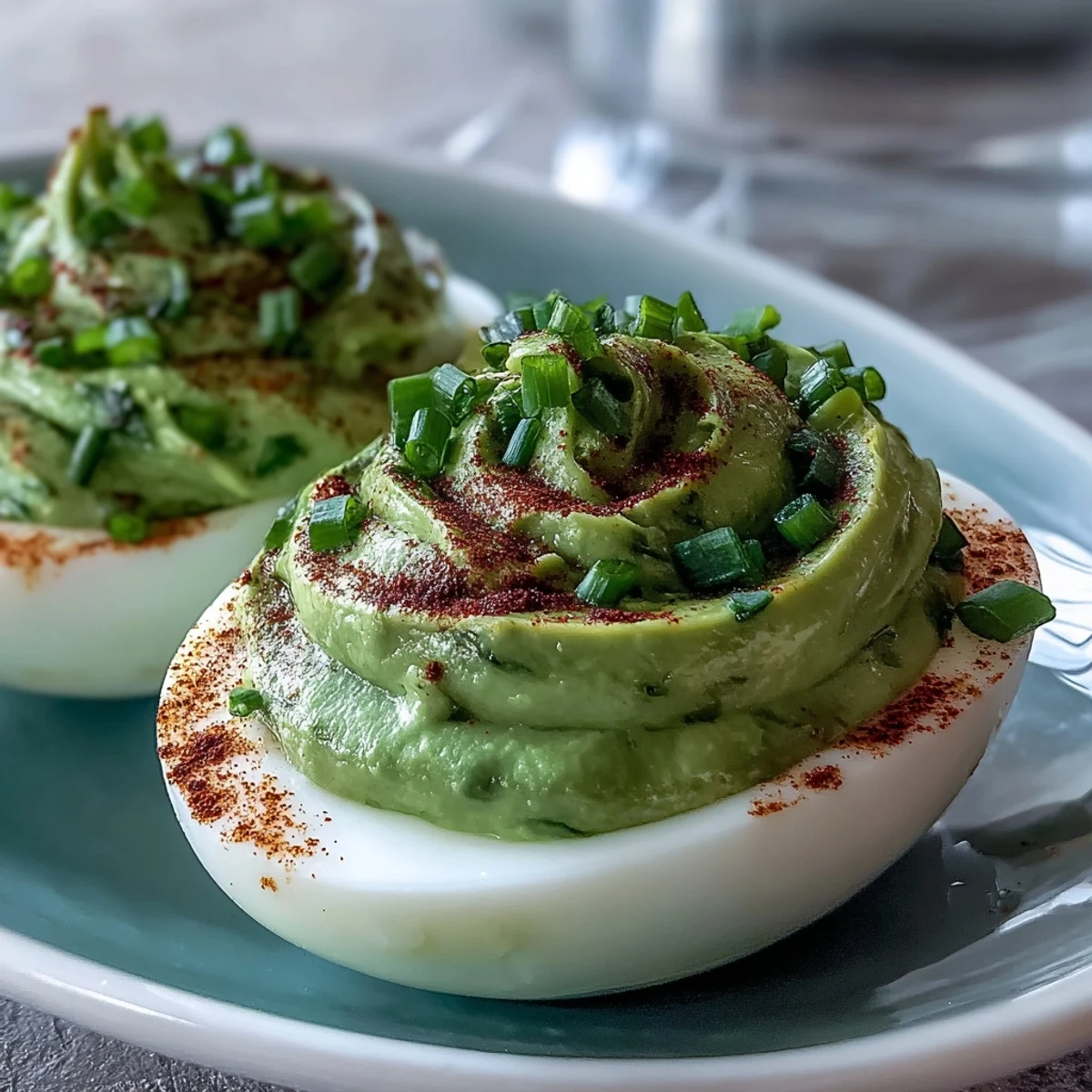 Green deviled eggs with avocado filling, garnished with smoked paprika and fresh chives for a colorful appetizer.  