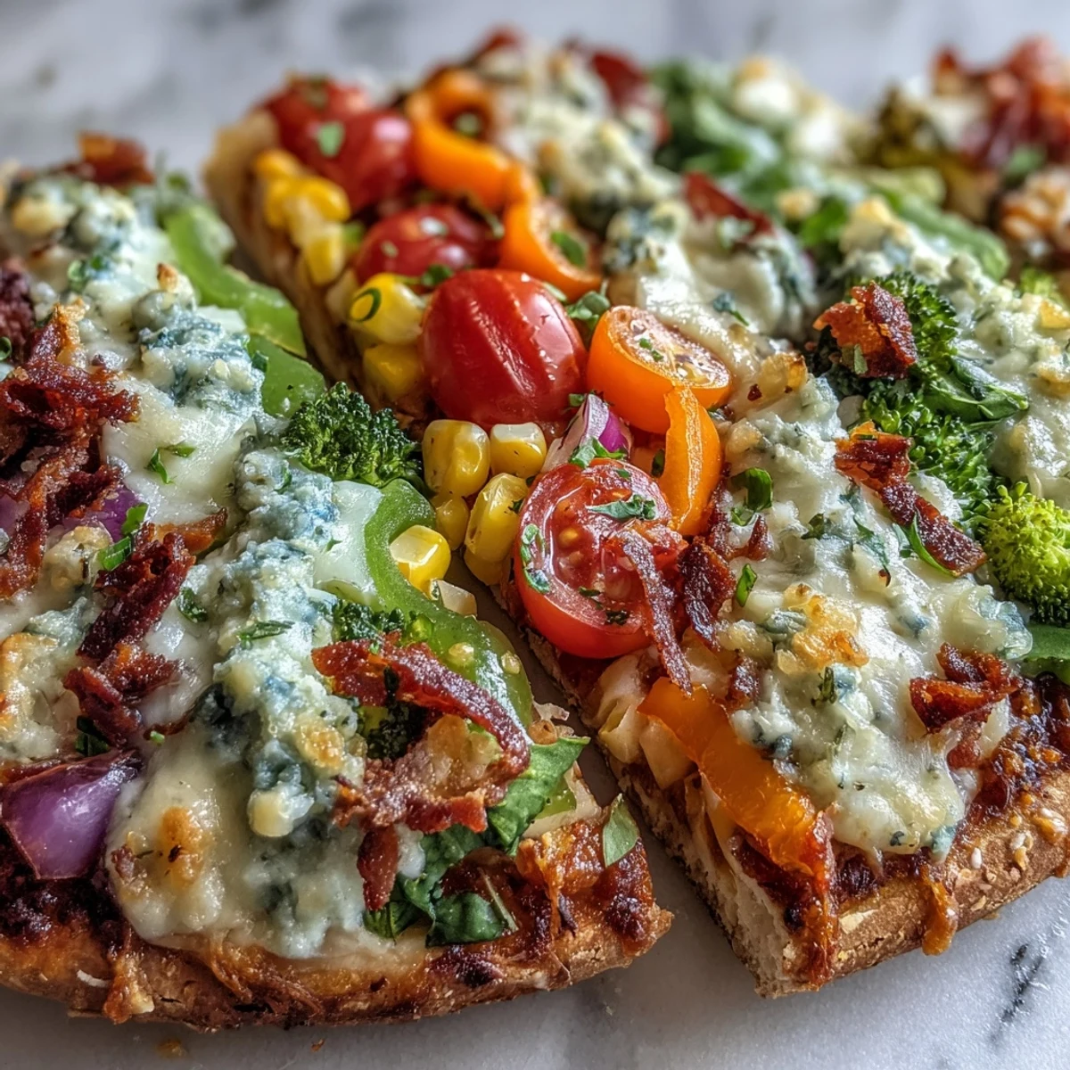 Vibrant St. Patricks Day Rainbow Veggie Flatbread Pizza with colorful fresh vegetables arranged in festive rainbow layers.  
