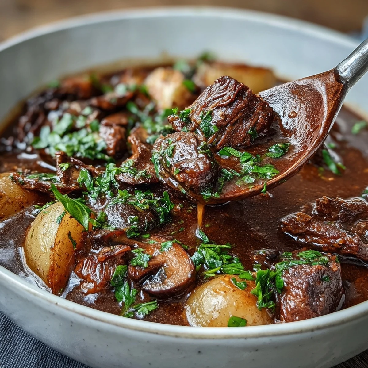 Hearty vegan Irish stew with mushroom meat and root vegetables in a rich broth.