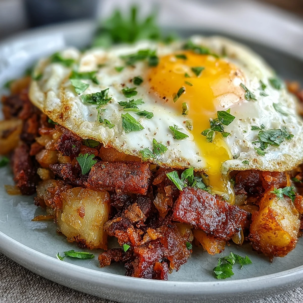 A hearty corned beef hash breakfast skillet with crispy potatoes, sautéed vegetables, and perfectly cooked eggs, ready to fuel your morning.