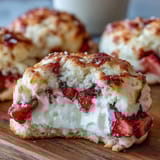 Close-up of soft cottage cheese strawberry shortcake cookies, bursting with fresh berries and a golden finish.  