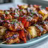Tropical grilled pineapple chicken skewers featuring caramelized fruit and tender chicken, perfect for summer BBQs.  