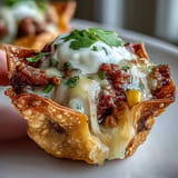 Golden mini taco cups featuring seasoned ground beef nestled in crunchy wonton shells.