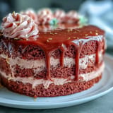 Close-up of moist pink Rosé Velvet Cake, glistening with perfect gold drip accents.