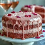 Beautiful pink Rosé Velvet Cake for celebrations, featuring a glossy gold drip.