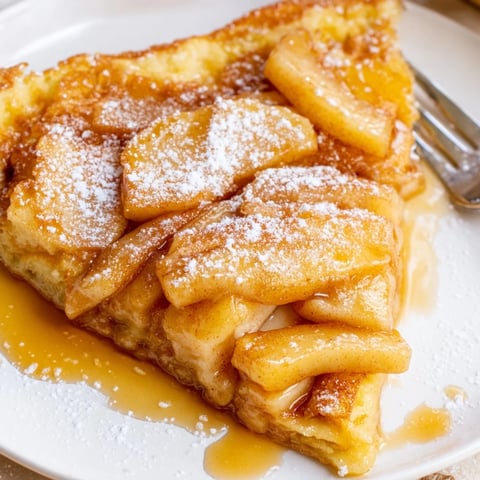 Fluffy Cinnamon Apple Skillet Pancakes topped with sweet maple syrup and powdered sugar.  