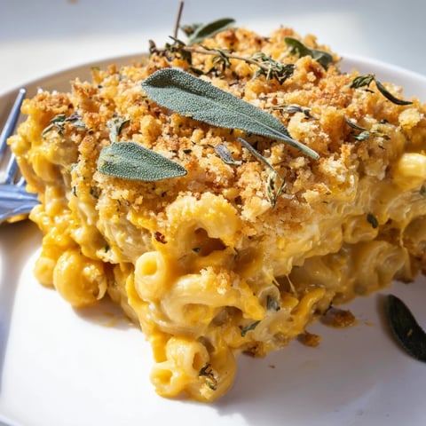 Creamy pumpkin sage mac and cheese topped with golden panko breadcrumbs, perfect for autumn.