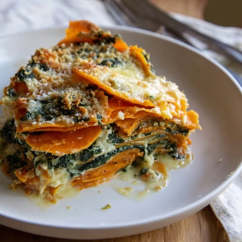 Creamy sweet potato and spinach gratin topped with golden cheese and crispy breadcrumbs.  