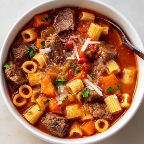 A steaming bowl of Beefy Tomato Pasta Stew topped with fresh parsley and cheese.  
