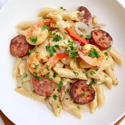 Cajun Sausage & Shrimp Alfredo Pasta Skillet showcasing the creamy sauce with shrimp and sausage, ready to eat!