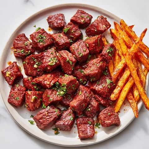 Sizzling Blackened Cajun Steak Bites with golden, crispy fries, a delicious and flavorful American meal.