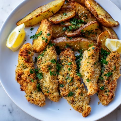 Golden-brown herbed chicken tenders and potato wedges; a delicious, family-friendly American meal.