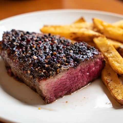 Seared Classic Peppercorn Ribeye, glistening under the light, served next to a mound of crispy fries.