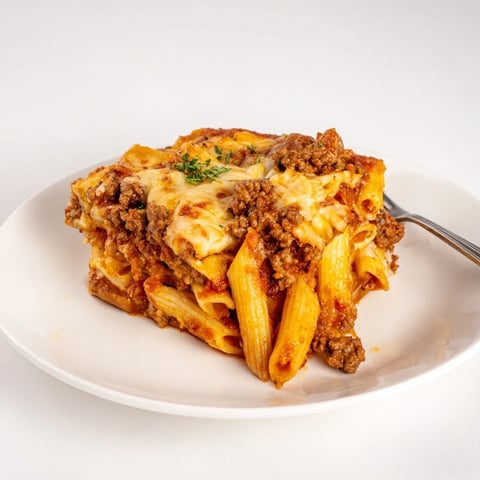 Golden, bubbling Cheesy Beef & Penne Bake with melted cheese and a rustic, savory aroma.