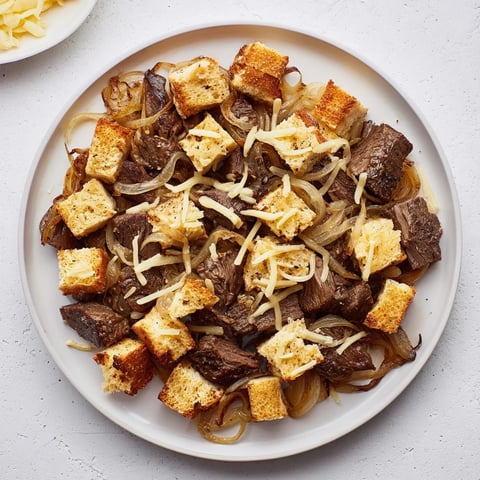 French Onion Pot Roast Casserole bubbling with melted Gruyère, a comforting family dinner ready to serve.