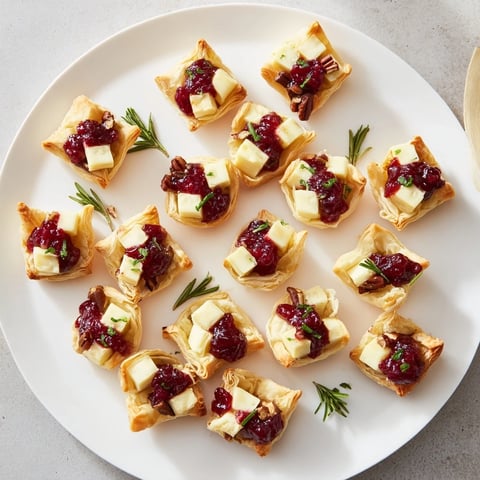 Golden, flaky Cranberry Brie Bites filled with melted cheese and sweet cranberry sauce—a festive appetizer.