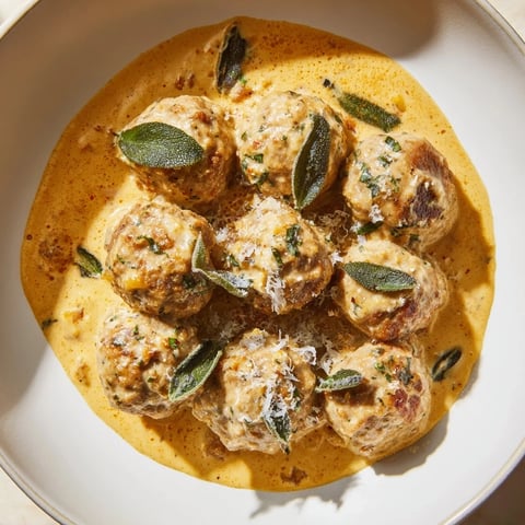 Golden-brown turkey meatballs swimming in a rich pumpkin sage sauce, ready for your plate.