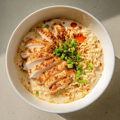 Steaming bowl of fiery chicken ramen, garnished with fresh green onions; a comforting, spicy meal.