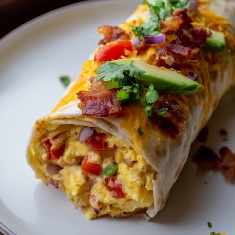 Warm Easy Festive Breakfast Burrito Wraps, overflowing with scrambled eggs, bacon, and colorful veggies.