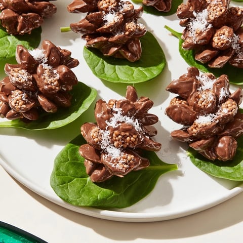 Warm chocolate Coco Pops dessert pinecones nestled on a bed of fresh baby spinach, a delightful salad.