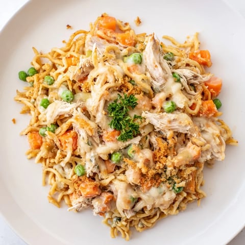 Golden bubbled Baked Cream of Chicken Noodle Soup Pasta with a cheesy, breadcrumb topping; perfect comfort food.