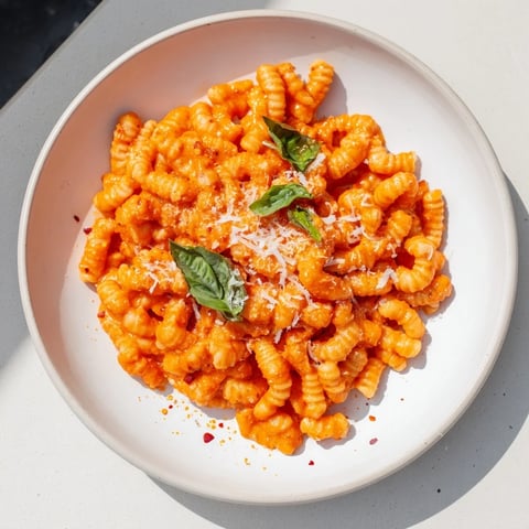 Creamy and vibrant Spicy Vodka Sauce Ditalini, garnished with fresh basil and Parmesan cheese, ready to eat.