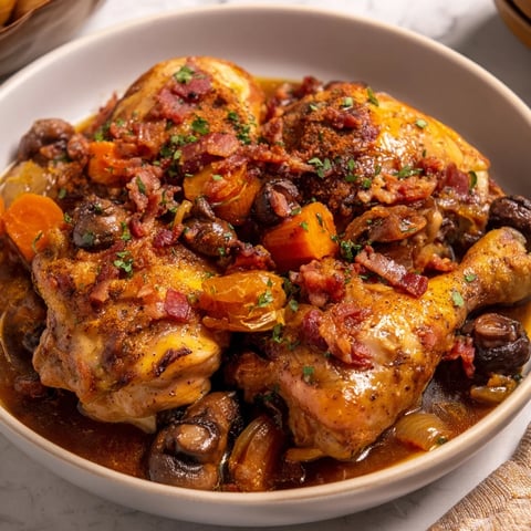 Rich, savory Instant Pot Coq au Vin Style Chicken Thighs with bacon and tender vegetables, ready in minutes.