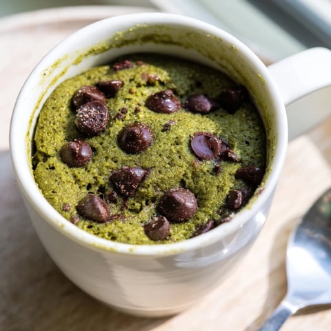 Matcha Peppermint Brownie Batter Mug Cake, a warm, fudgy dessert topped with chocolate chips, ready to eat!