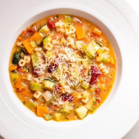 Steaming bowl of Veggie-Packed Minestrone Christmas Pasta Pot, filled with colorful vegetables and pasta.