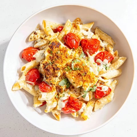 Baked Goat Cheese Snowflake Tomato Basil Pasta: a creamy, vibrant dish with melted goat cheese, ready to eat.