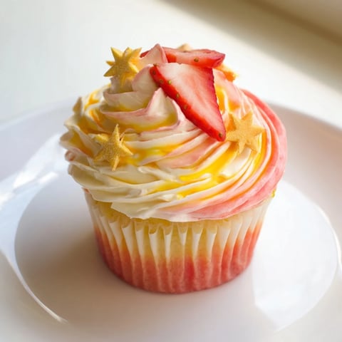 Mango Strawberry Sunset Cupcakes, frosted with a beautiful sunset swirl, perfect treats for summer.