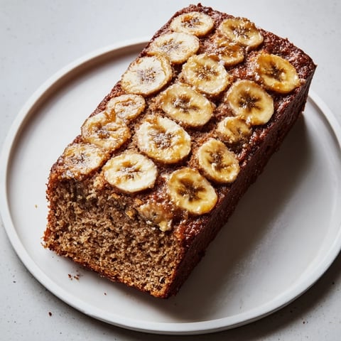 Moist Banana Bread Cake topped with caramelized bananas; a delightful dessert or breakfast option.